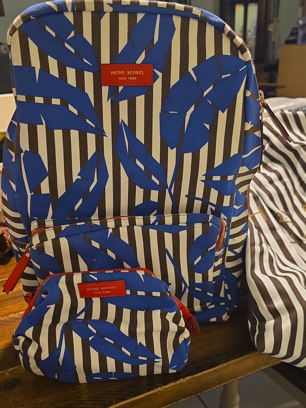 Henri Bendel Blue and Black Striped Leaf Backpack,pouch And Dustbag